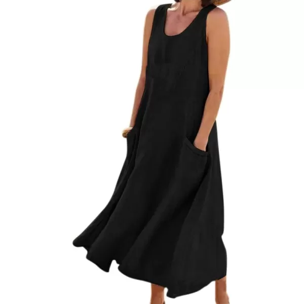 imagechouyatou Womens Summer Casual Tank Dress Sleeveless Cotton Linen Long Maxi Dress with PocketsBlack