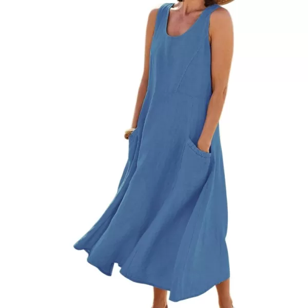 imagechouyatou Womens Summer Casual Tank Dress Sleeveless Cotton Linen Long Maxi Dress with PocketsDark Blue