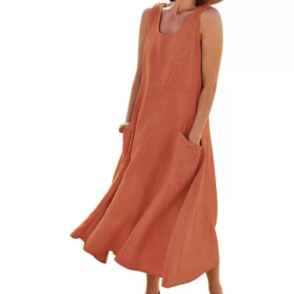 imagechouyatou Womens Summer Casual Tank Dress Sleeveless Cotton Linen Long Maxi Dress with PocketsOrange