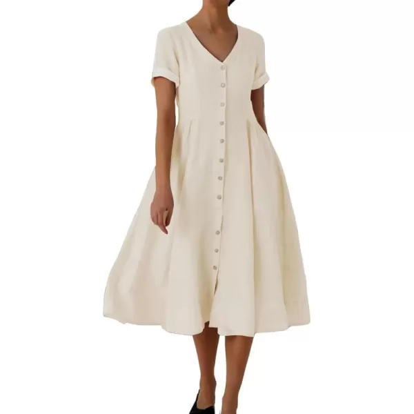 imagechouyatou Womens Summer Fit and Flare Swing Cotton Dress Casual VNeck Button Down Beach Midi DressApricot
