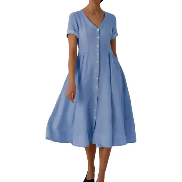 imagechouyatou Womens Summer Fit and Flare Swing Cotton Dress Casual VNeck Button Down Beach Midi DressLight Blue