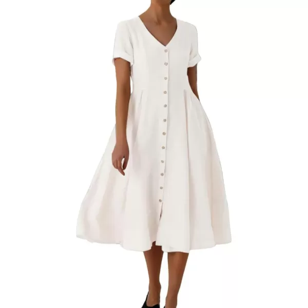 imagechouyatou Womens Summer Fit and Flare Swing Cotton Dress Casual VNeck Button Down Beach Midi DressOffwhite
