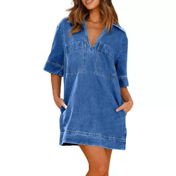 imagechouyatou Womens Summer Loose Fit VNeck Sexy Mini Denim Dress Cute Jean Tunic Dress with PocketsBlue