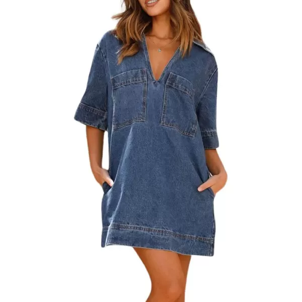 imagechouyatou Womens Summer Loose Fit VNeck Sexy Mini Denim Dress Cute Jean Tunic Dress with PocketsDark Blue