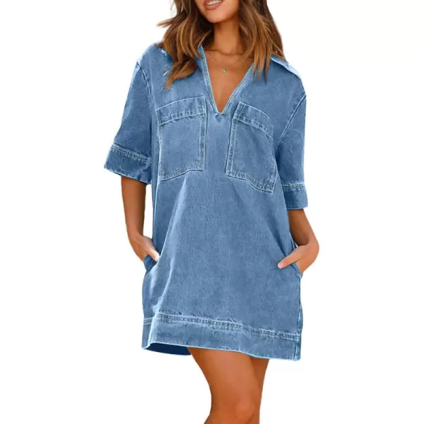 imagechouyatou Womens Summer Loose Fit VNeck Sexy Mini Denim Dress Cute Jean Tunic Dress with PocketsLight Blue