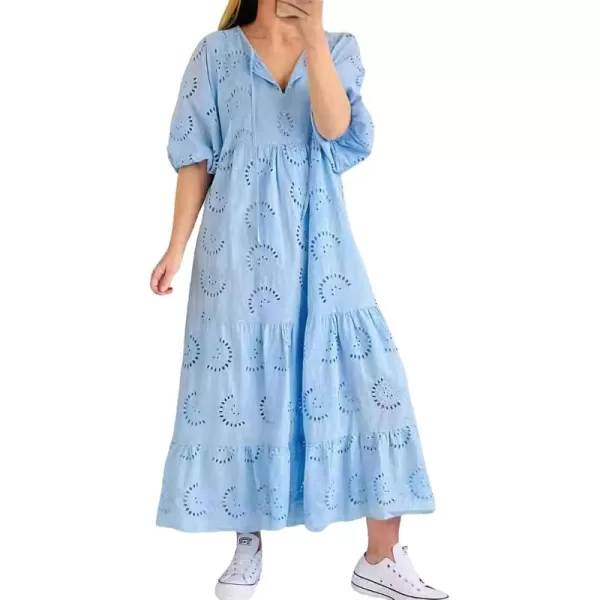 imagechouyatou Womens Summer Loose Floral Lace Eyelet Dress Boho Casual Notch Neck Maxi Tunic Beach DressLight Blue