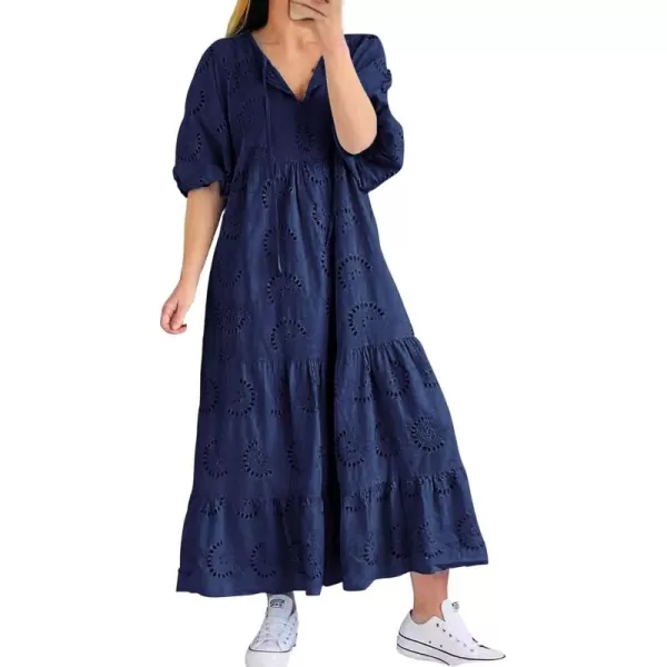 imagechouyatou Womens Summer Loose Floral Lace Eyelet Dress Boho Casual Notch Neck Maxi Tunic Beach DressNavy Blue