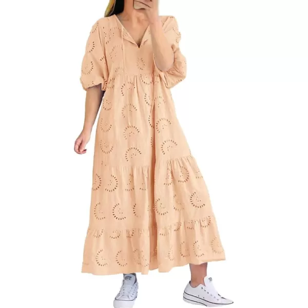 imagechouyatou Womens Summer Loose Floral Lace Eyelet Dress Boho Casual Notch Neck Maxi Tunic Beach DressOrange