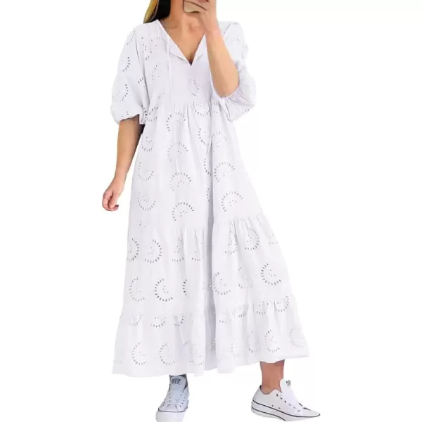 imagechouyatou Womens Summer Loose Floral Lace Eyelet Dress Boho Casual Notch Neck Maxi Tunic Beach DressWhite