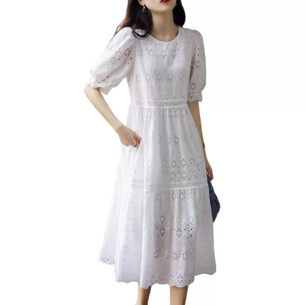 imagechouyatou Womens Summer Puff Sleeve Midi Long Floral Eyelet Dress Embroidery Flowy Swing Party DressWhite