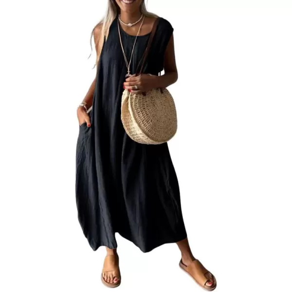imagechouyatou Womens Summer Sleeveless Linen Tank Dress Casual Loose ALine Midi Long Beach DressBlack