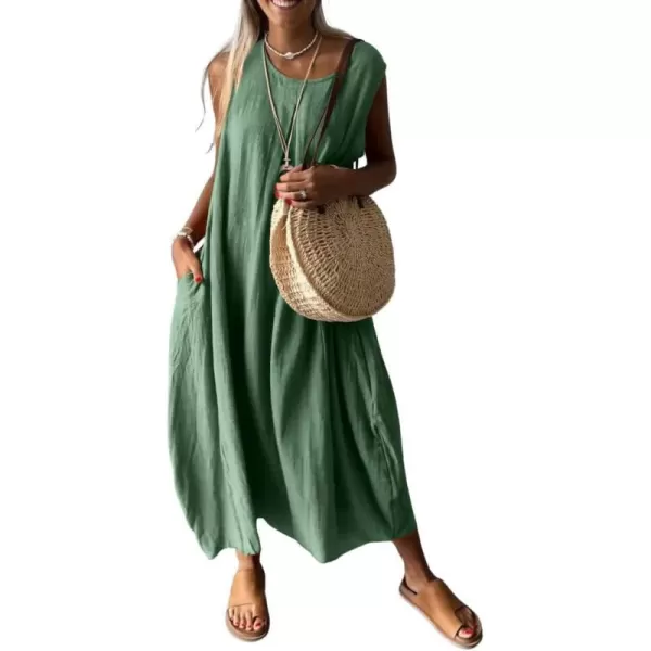 imagechouyatou Womens Summer Sleeveless Linen Tank Dress Casual Loose ALine Midi Long Beach DressGreen