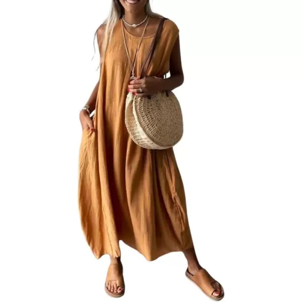 imagechouyatou Womens Summer Sleeveless Linen Tank Dress Casual Loose ALine Midi Long Beach DressOrange