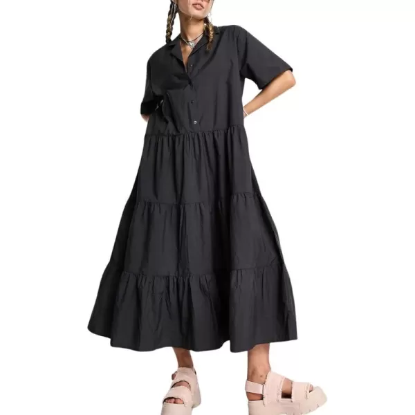 imagechouyatou Womens Summer VNeck Collared Button Down Maxi Shirt Dress Loose Fit Tiered Babydoll Tunic DressBlack
