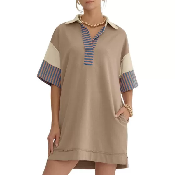 imagechouyatou Womens Summer VNeck Polo Collared Mini Dress Loose Casual Striped Splicing TShirt DressKhaki
