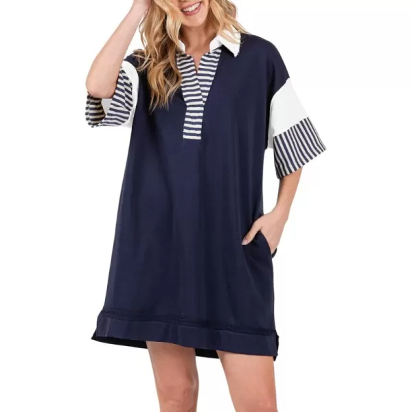 imagechouyatou Womens Summer VNeck Polo Collared Mini Dress Loose Casual Striped Splicing TShirt DressNavy Blue