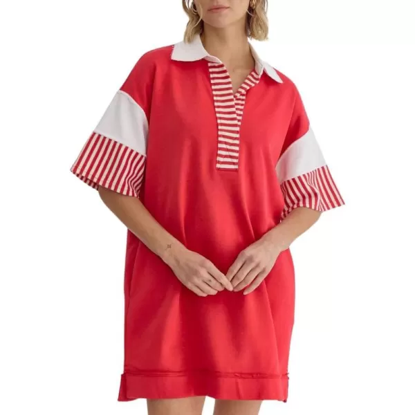 imagechouyatou Womens Summer VNeck Polo Collared Mini Dress Loose Casual Striped Splicing TShirt DressRed