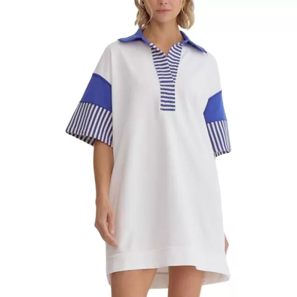 imagechouyatou Womens Summer VNeck Polo Collared Mini Dress Loose Casual Striped Splicing TShirt DressWhite