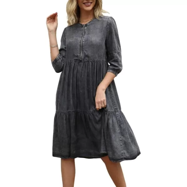 imagechouyatou Womens Vintage Washed Loose Fit 34 Sleeve Tiered Babydoll Mini Denim Jean DressBlack