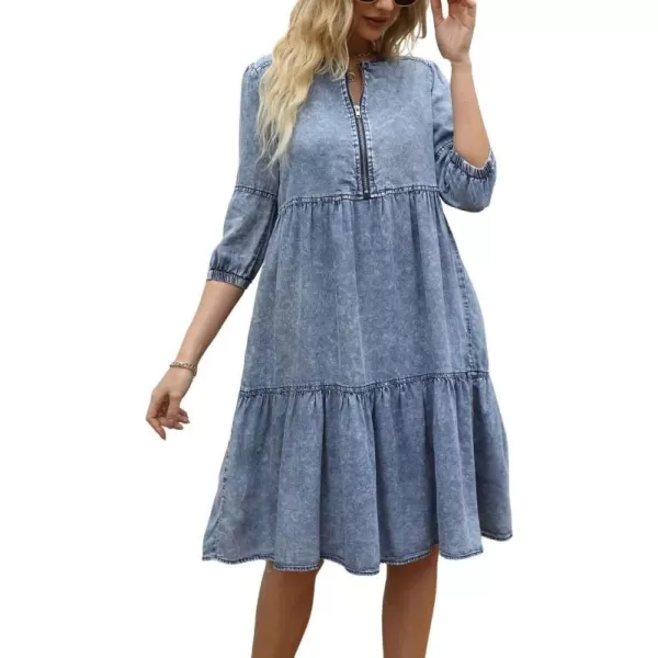 imagechouyatou Womens Vintage Washed Loose Fit 34 Sleeve Tiered Babydoll Mini Denim Jean DressBlue