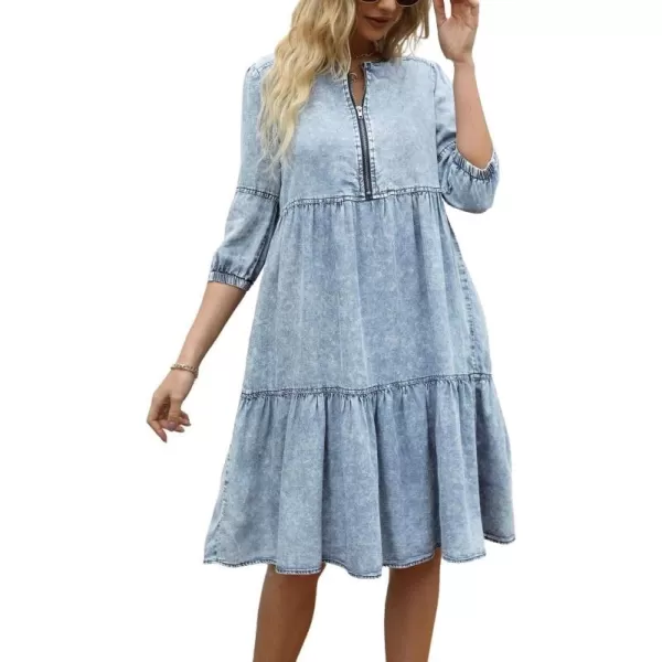 imagechouyatou Womens Vintage Washed Loose Fit 34 Sleeve Tiered Babydoll Mini Denim Jean DressLight Blue