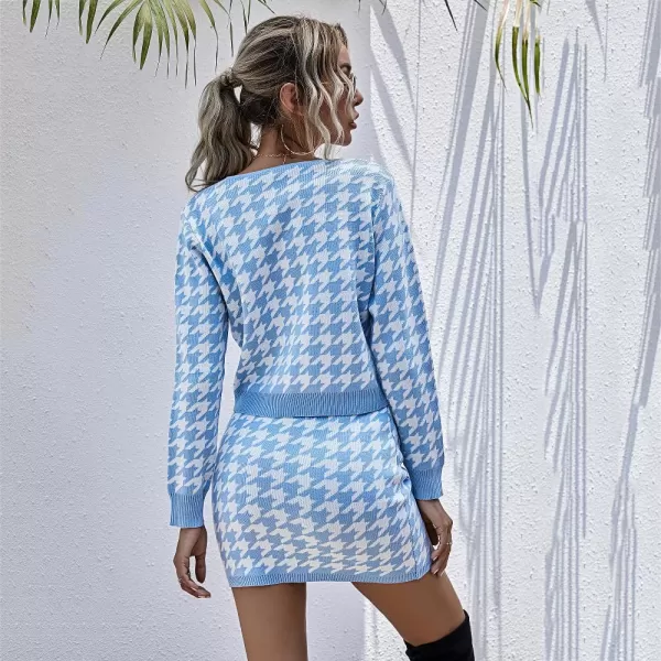 imagechouyatou Women 2 Piece Sweater Skirt Sets Houndstooth Knit Sweater Cardigan Bodycon Mini Skirt OutfitsBlue