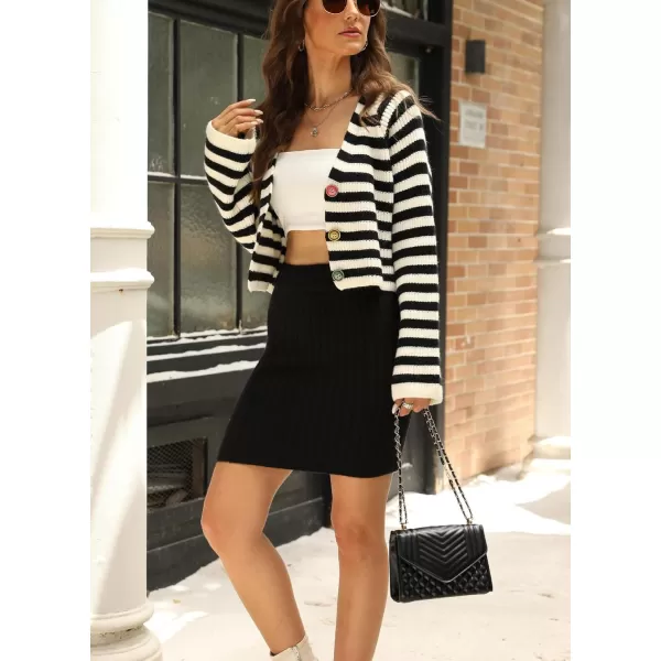 imagechouyatou Women Fall 2 Piece Outfits Striped Sweater Set Color Block Button Down Cardigan Knit Skrit SetsBlack