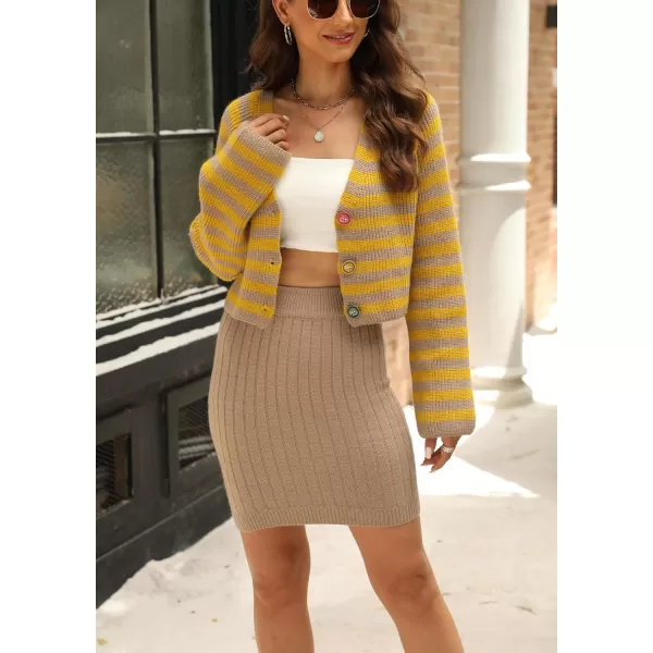 imagechouyatou Women Fall 2 Piece Outfits Striped Sweater Set Color Block Button Down Cardigan Knit Skrit SetsYellow