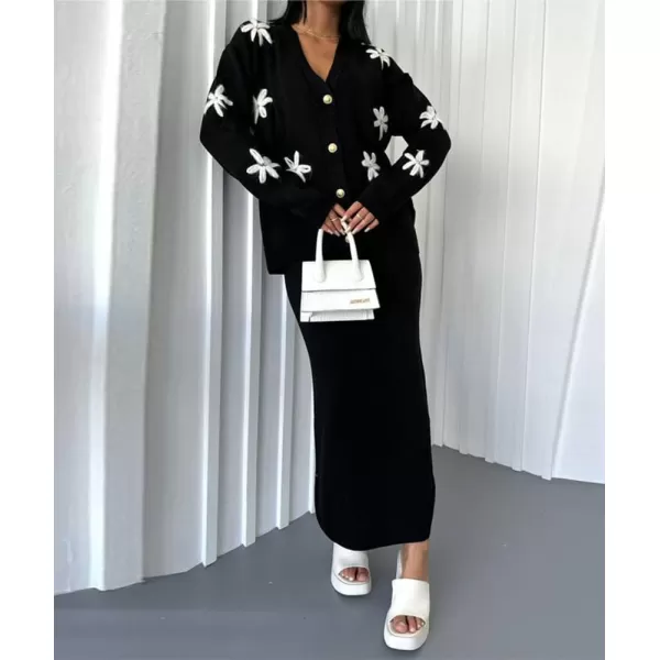 imagechouyatou Womens 2 Piece Outfits Floral Button Down Cardigan Sweater and Package Hip Long Knit Skirt SetsBlack