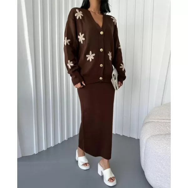 imagechouyatou Womens 2 Piece Outfits Floral Button Down Cardigan Sweater and Package Hip Long Knit Skirt SetsCoffee