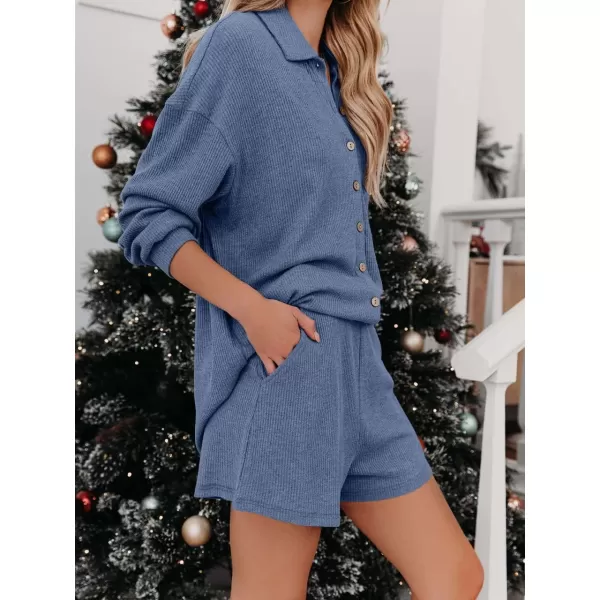 imagechouyatou Womens 2 Piece Outfits Long Sleeve Button Up Tops and Shorts Pajama Set LoungewearBlue