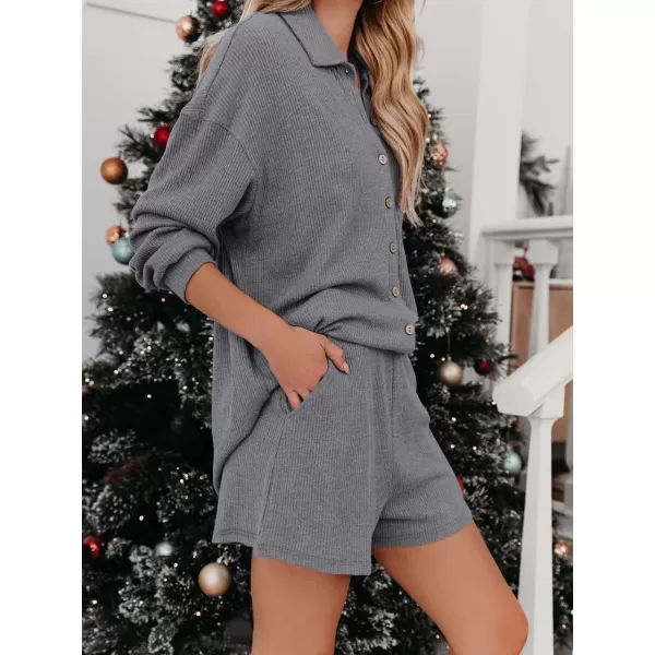 imagechouyatou Womens 2 Piece Outfits Long Sleeve Button Up Tops and Shorts Pajama Set LoungewearGrey
