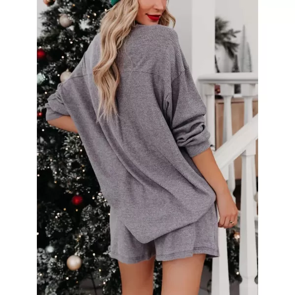 imagechouyatou Womens 2 Piece Outfits Long Sleeve Button Up Tops and Shorts Pajama Set LoungewearGrey