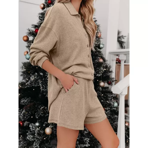 imagechouyatou Womens 2 Piece Outfits Long Sleeve Button Up Tops and Shorts Pajama Set LoungewearKhaki