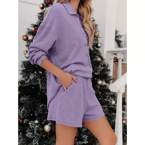imagechouyatou Womens 2 Piece Outfits Long Sleeve Button Up Tops and Shorts Pajama Set LoungewearPurple