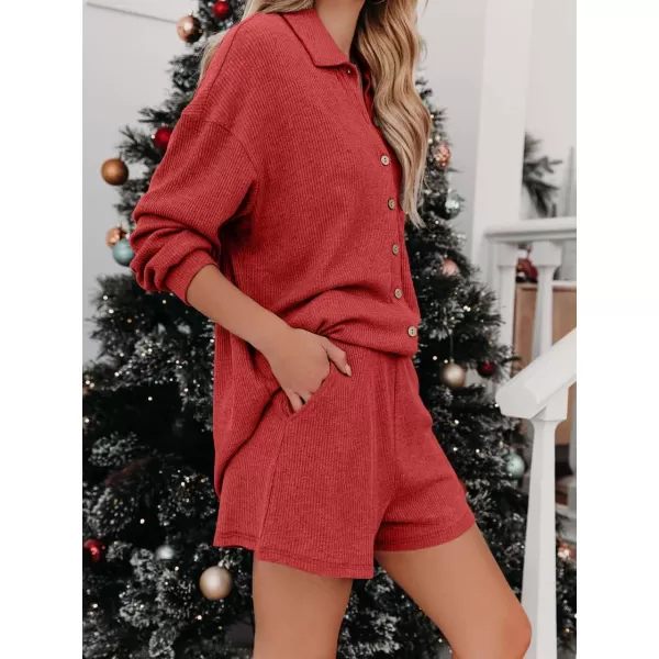 imagechouyatou Womens 2 Piece Outfits Long Sleeve Button Up Tops and Shorts Pajama Set LoungewearRed