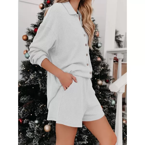 imagechouyatou Womens 2 Piece Outfits Long Sleeve Button Up Tops and Shorts Pajama Set LoungewearWhite