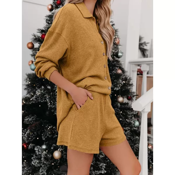 imagechouyatou Womens 2 Piece Outfits Long Sleeve Button Up Tops and Shorts Pajama Set LoungewearYellow