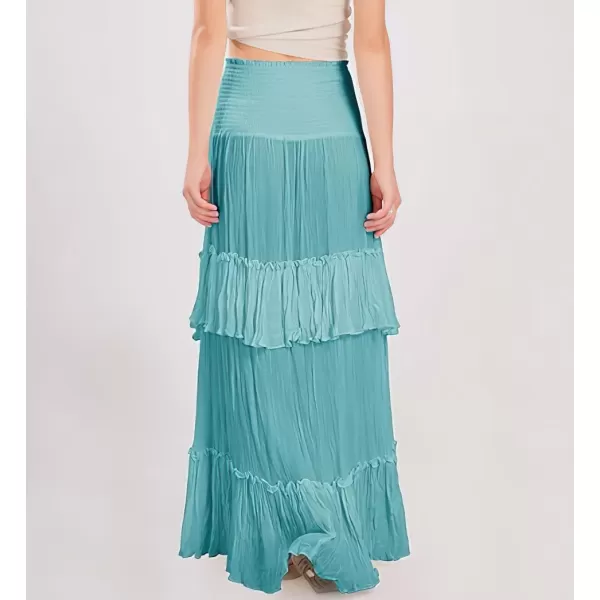 imagechouyatou Womens Boho Convertible Tube Top Skirt Dress Smocked Asymmetrical Swing Maxi Skirt Ruffle Long SundressBlue