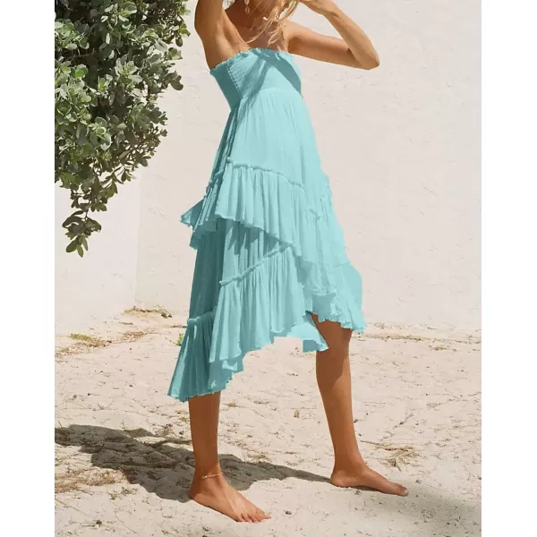 imagechouyatou Womens Boho Convertible Tube Top Skirt Dress Smocked Asymmetrical Swing Maxi Skirt Ruffle Long SundressBlue