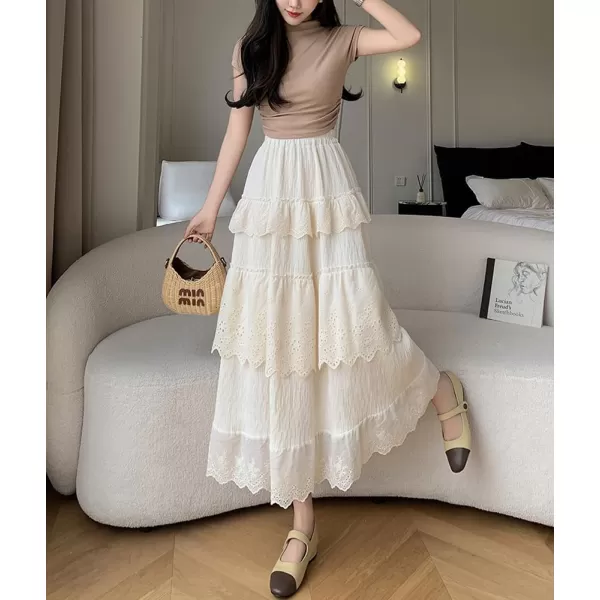 imagechouyatou Womens Boho Eyelet Lace Embroidery Midi Long Skirt High Elastic Waisted Flowy Swing Tiered SkirtApricot