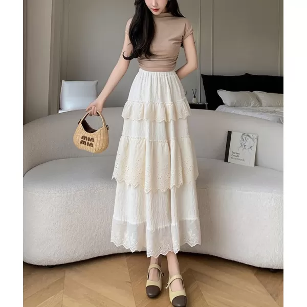 imagechouyatou Womens Boho Eyelet Lace Embroidery Midi Long Skirt High Elastic Waisted Flowy Swing Tiered SkirtApricot