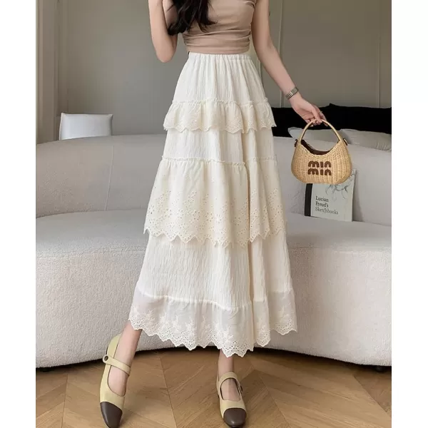 imagechouyatou Womens Boho Eyelet Lace Embroidery Midi Long Skirt High Elastic Waisted Flowy Swing Tiered SkirtApricot