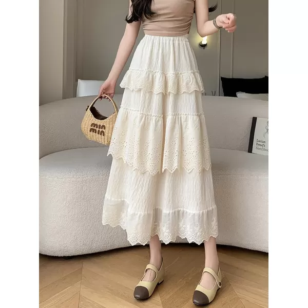 imagechouyatou Womens Boho Eyelet Lace Embroidery Midi Long Skirt High Elastic Waisted Flowy Swing Tiered SkirtApricot