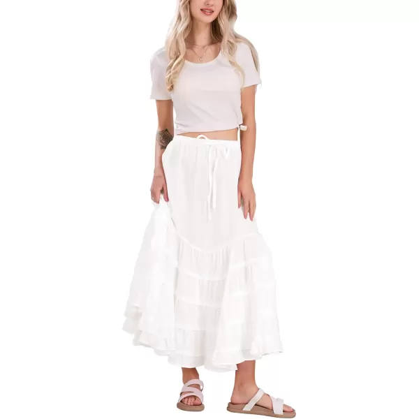 imagechouyatou Womens Boho Ruffle Swing Maxi Skirt High Elastic Waist Tiered Beach Party Long SkirtWhite