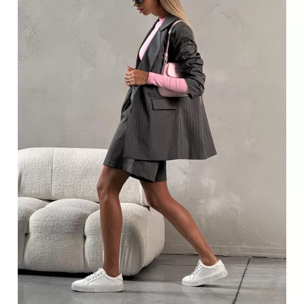 imagechouyatou Womens Business Casual 2 Piece Outfits Vertical Striped Blazer Suit Jacket and Wide Leg Shorts SetGray