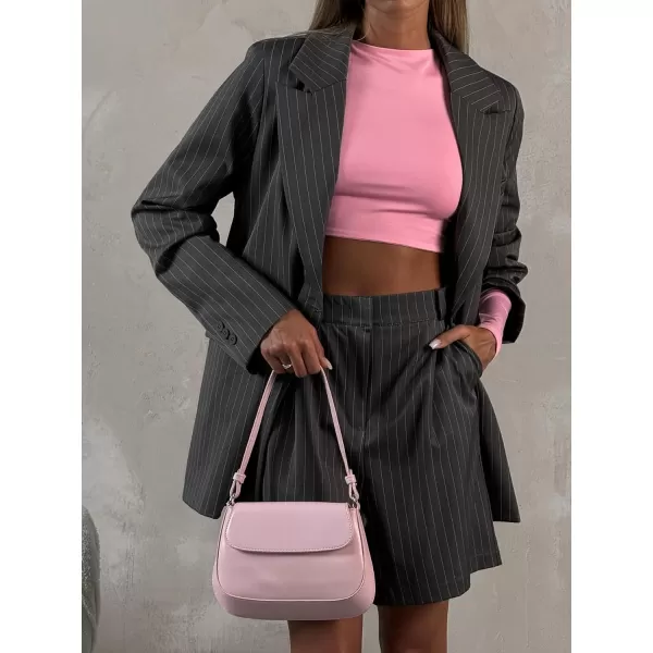 imagechouyatou Womens Business Casual 2 Piece Outfits Vertical Striped Blazer Suit Jacket and Wide Leg Shorts SetGray