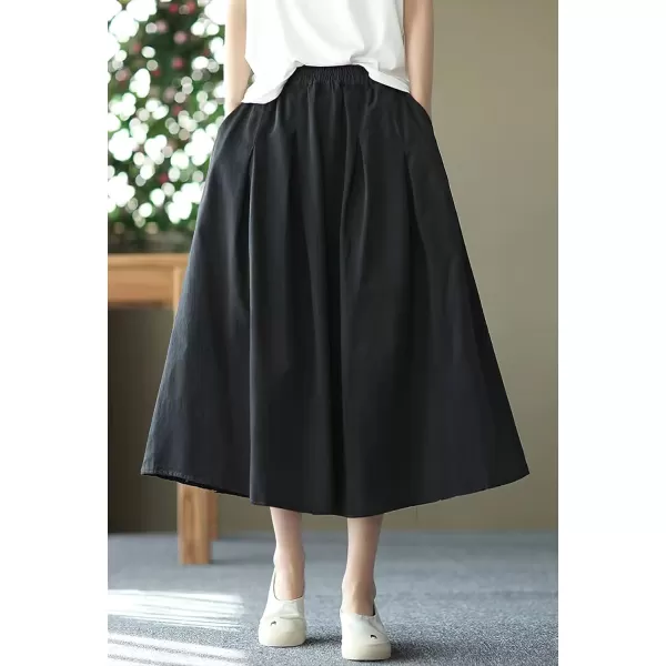 imagechouyatou Womens Casual Elegant Loose Baggy Elastic High Waist A Line Flare Midi Cotton SkirtBlack