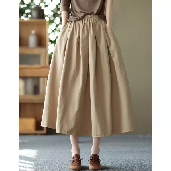 imagechouyatou Womens Casual Elegant Loose Baggy Elastic High Waist A Line Flare Midi Cotton SkirtKhaki