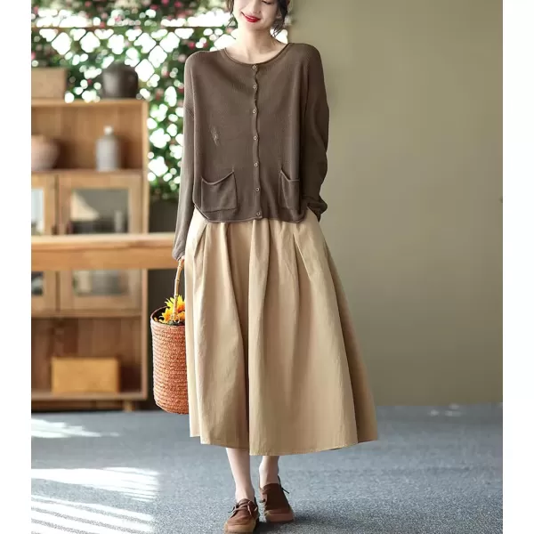 imagechouyatou Womens Casual Elegant Loose Baggy Elastic High Waist A Line Flare Midi Cotton SkirtKhaki